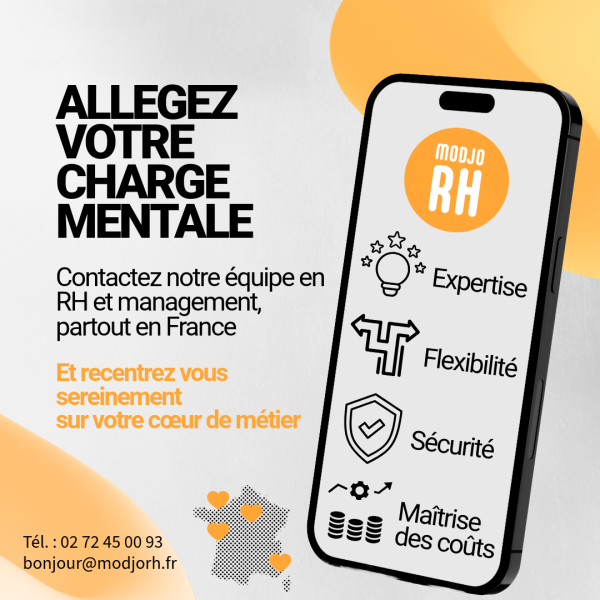 Partenariat RH externalisé (2) Partenariat avec Modjo RH qui permet d'alléger la charge mentale des Dirigeants de TPE/PME.